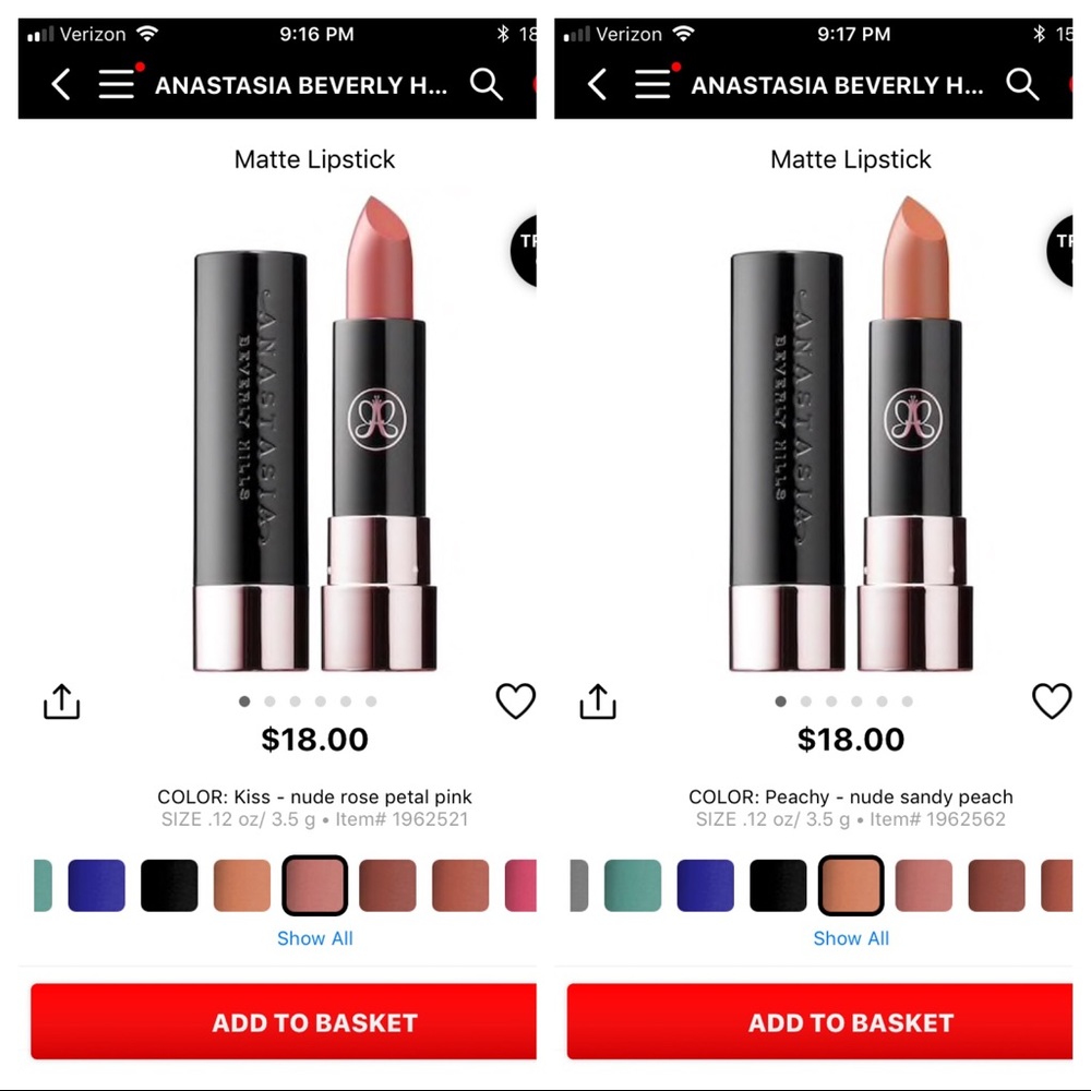 Anastasia Matte Lipsticks Peachy and Kiss
